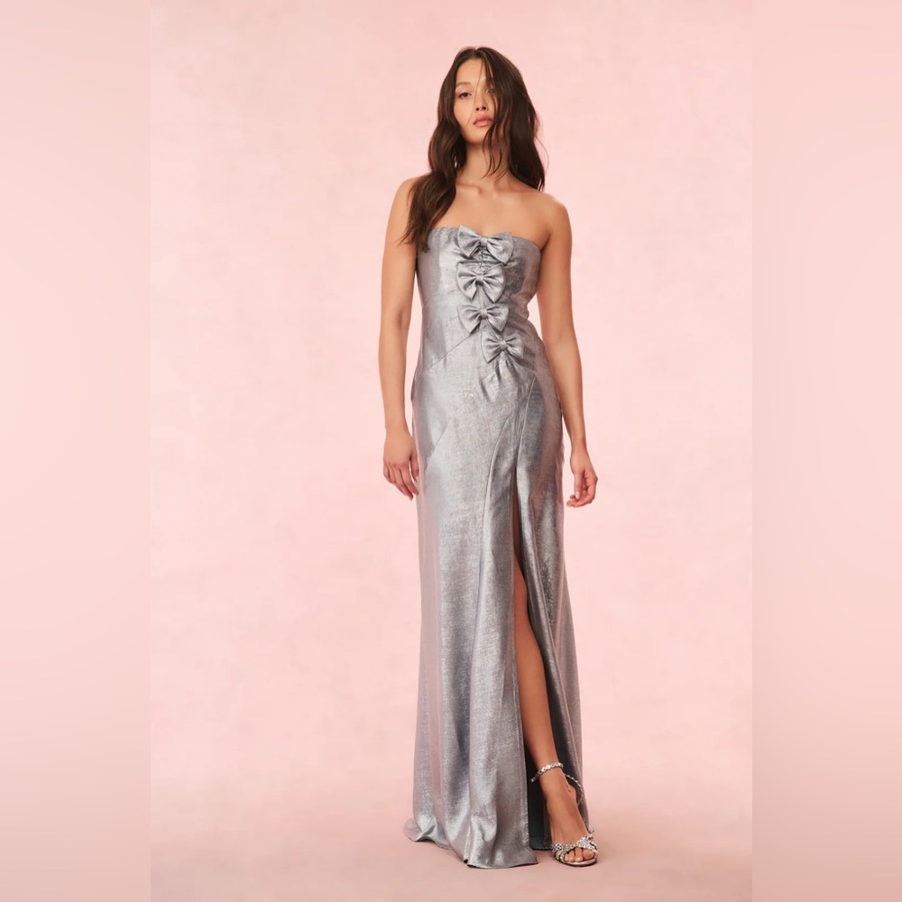 LoveShackFancy Elmira Dress Metallic Blue Strapless Gown with Bow Accents